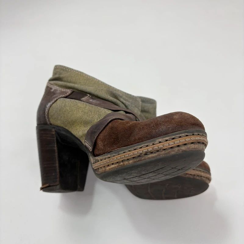 Diesel khaki leather buckle heeled boots