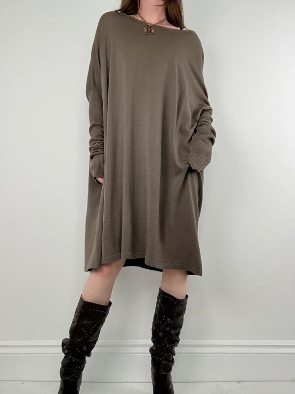 khaki batwing slouchy long sleeve dress