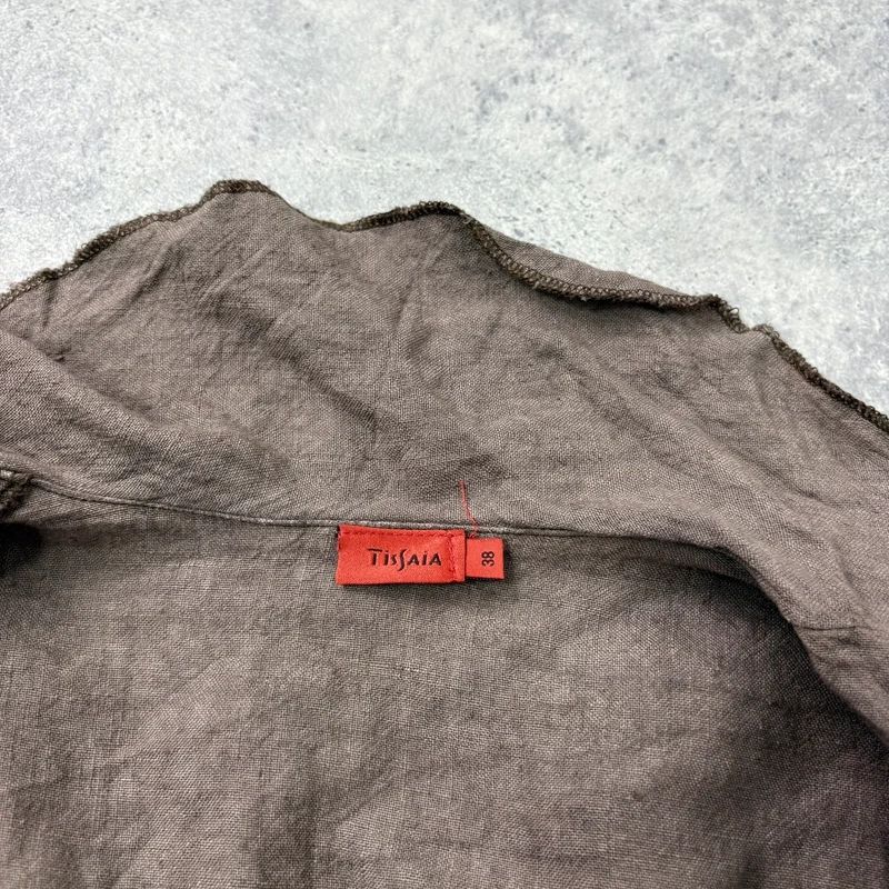 brown linen flared fitted ruffle shirt