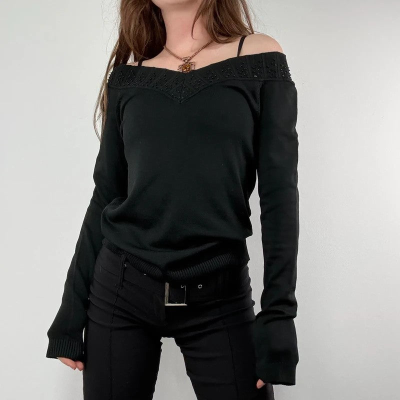 slouchy black off the shoulder glitter ribbed sweater