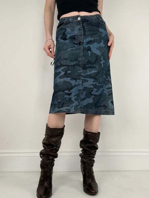dark denim camo printed midi skirt