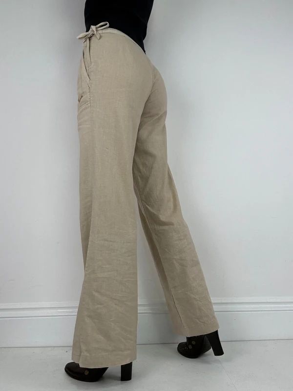 low rise tie waist linen flared trousers