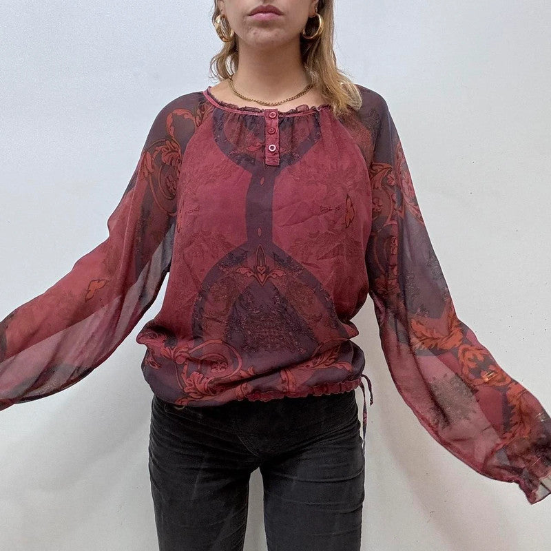 sheer red paisley boho shirt