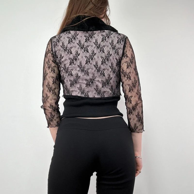 Lace Cropped Cardigan with Faux Fur Collar