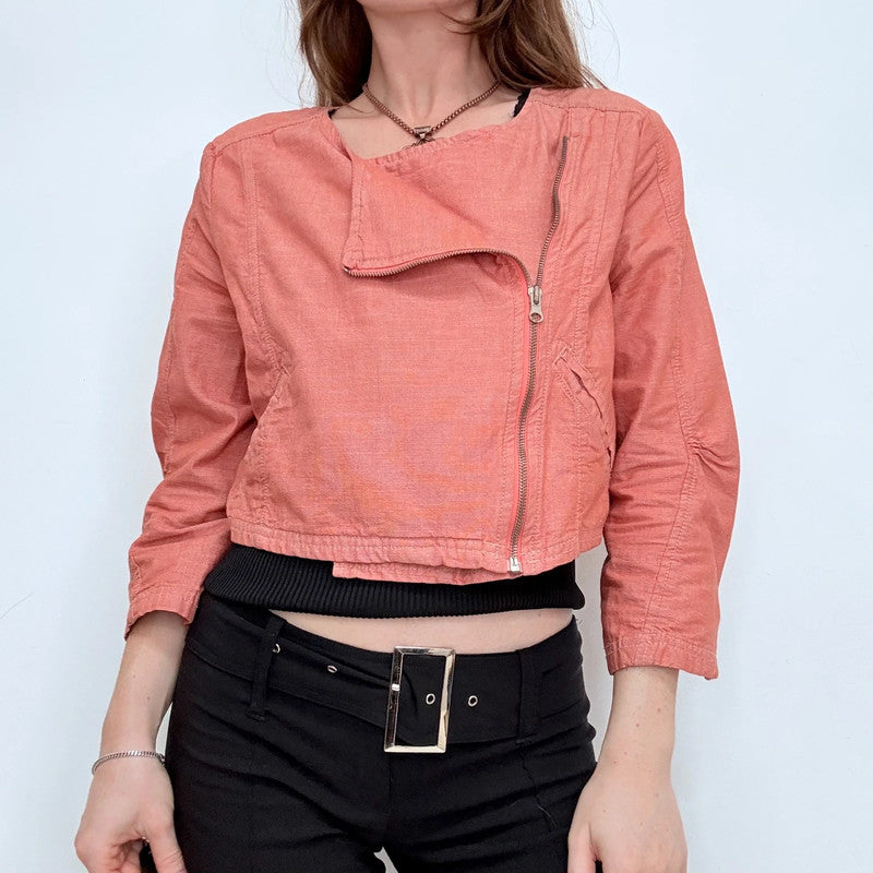 red linen cropped asymmetric jacket