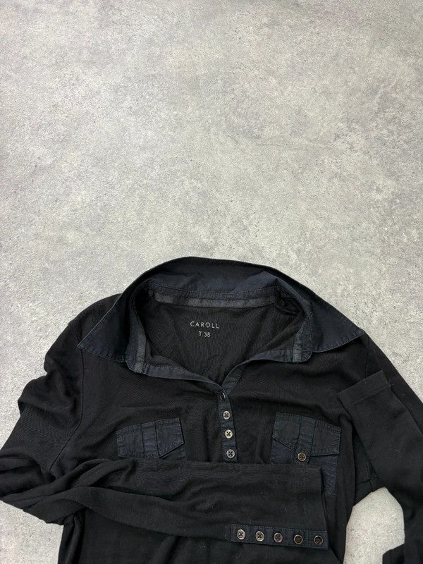 black long sleeve 1/4 button henley polo t-shirt