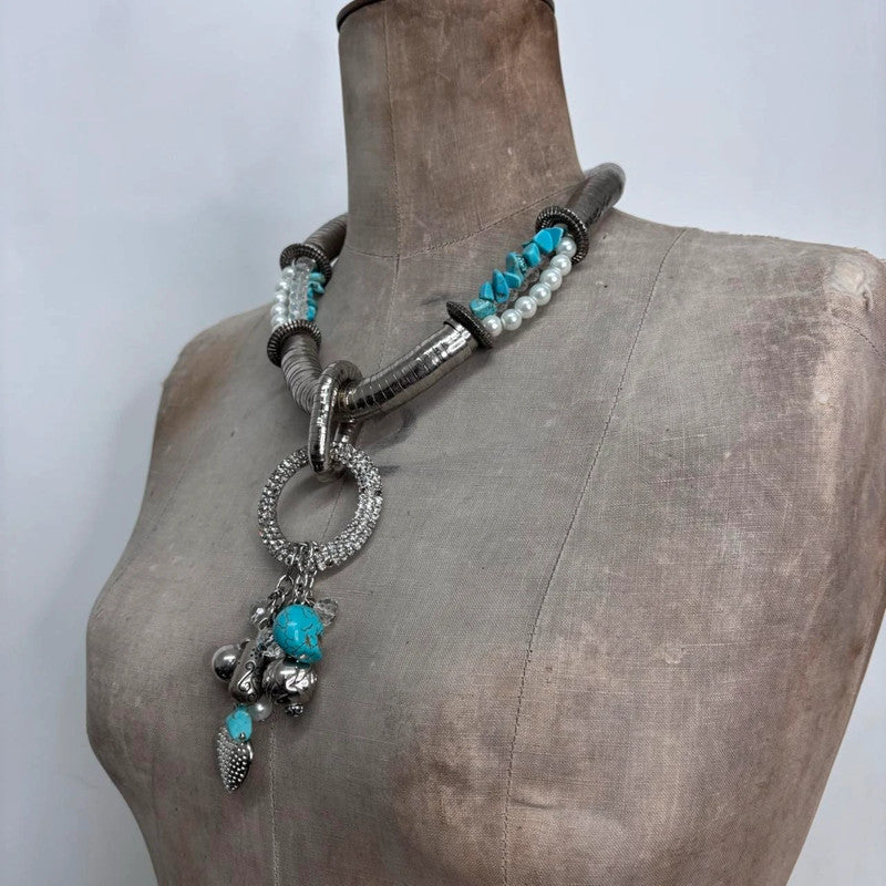 chunky oversized silver turquoise boho necklace