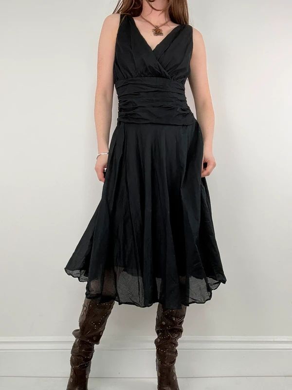Black pleated cotton flared monsoon dress