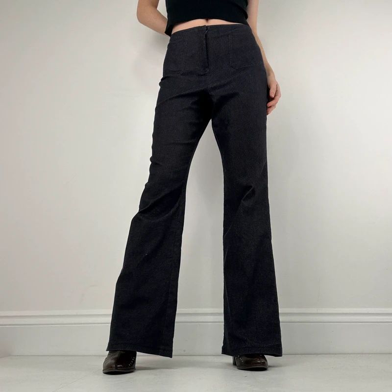 dark denim flared patch pocket trousers