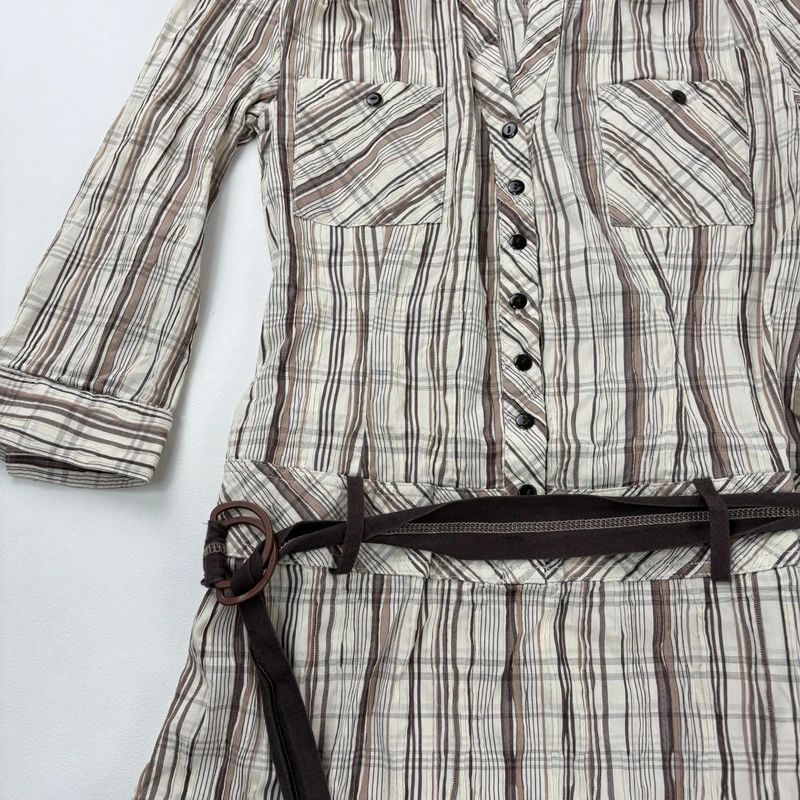 brown pinstripe checked drop waist dress