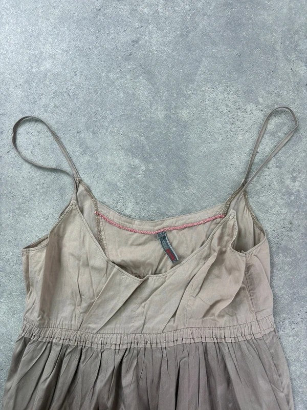 brown cotton pleated flared french midi dress