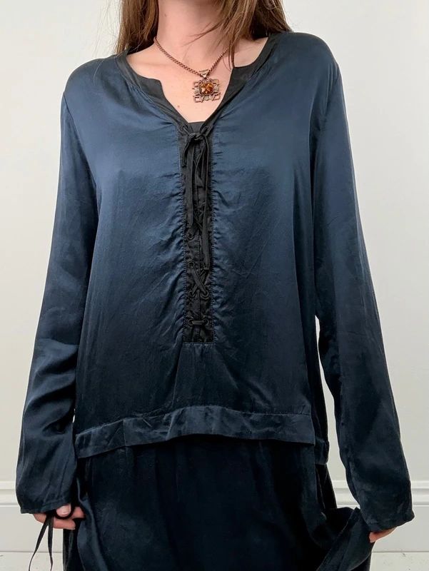 navy silk drop waist long sleeve shirt dress