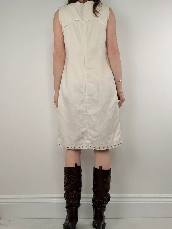 cream cotton linen a-line studded midi dress