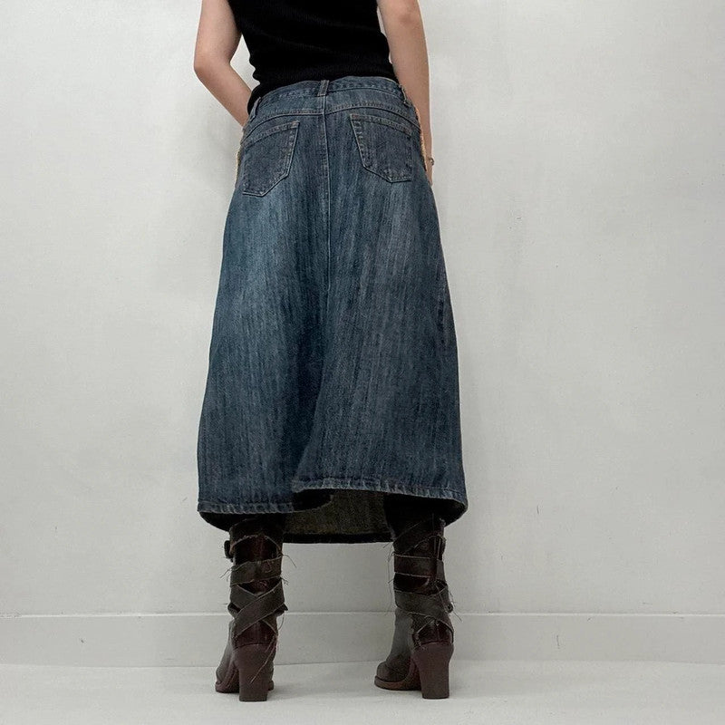 Contrast denim distressed crochet skirt