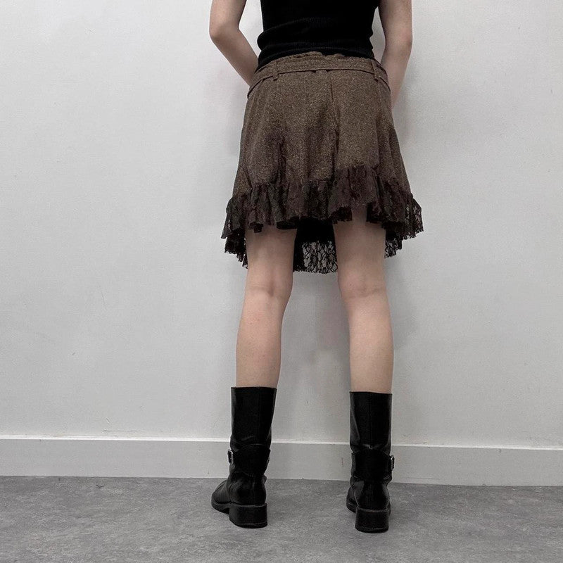 lace tweed brown mini ruffle skirt