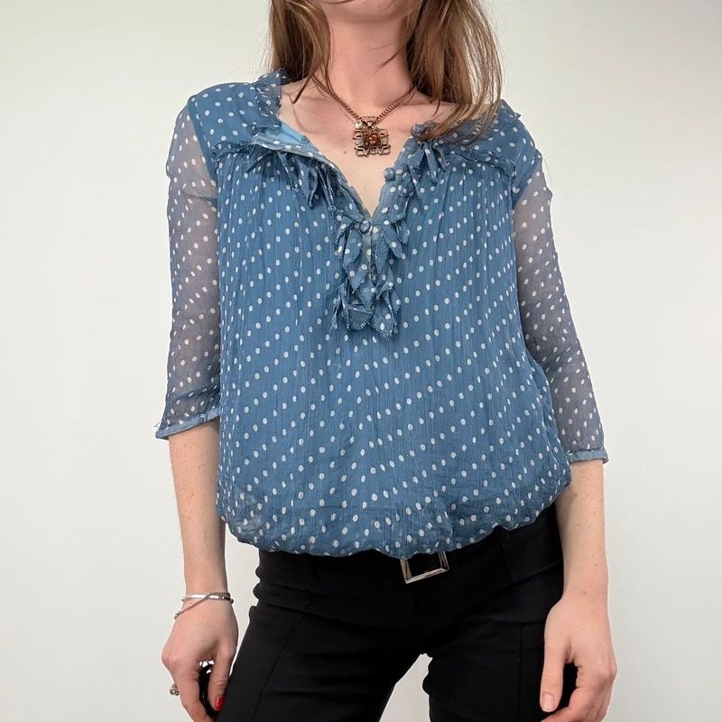 Blue Polka Dot Sheer Silk flutter Blouse