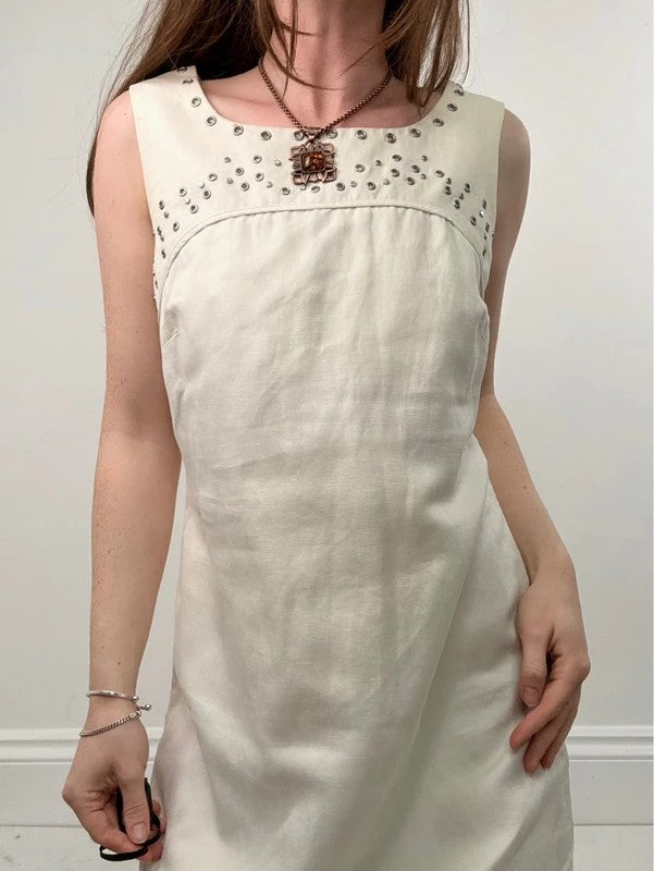 cream cotton linen a-line studded midi dress