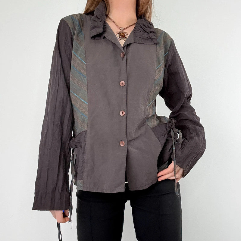 brown pinstripe gathered cinched shirt