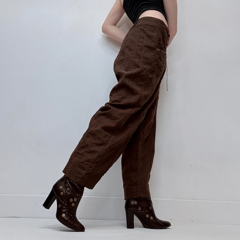 brown checked textured wide-leg utility pants