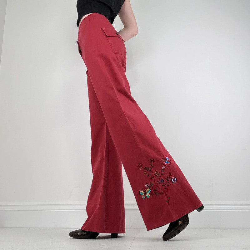 red cotton wide leg flared embroidered trousers