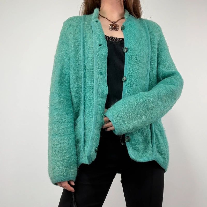 Green Mohair panelled Slouchy Cardigan knit