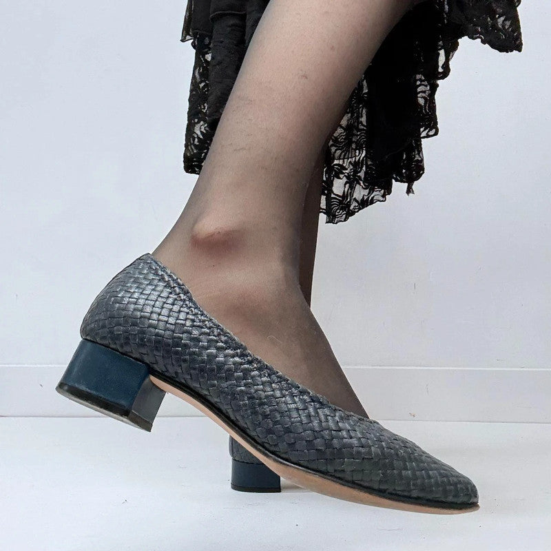 navy woven leather heel ballet pumps