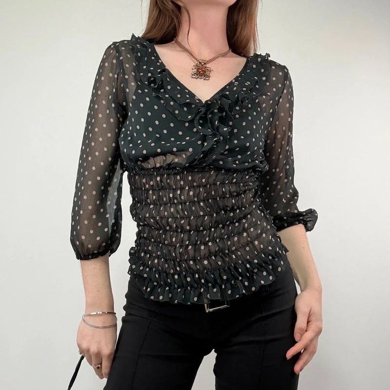 sheer black polkadot cinched shirt