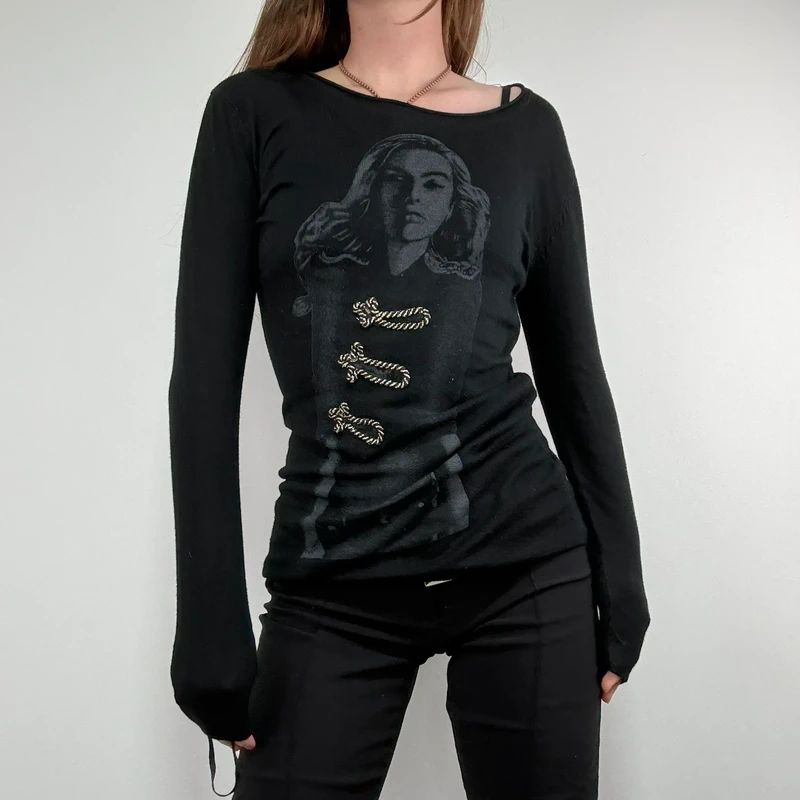 black long sleeve printed nepolion detailed t-shirt
