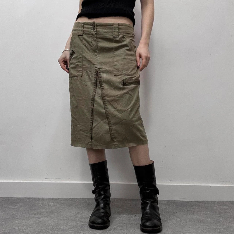 khaki cargo zipper midi skirt
