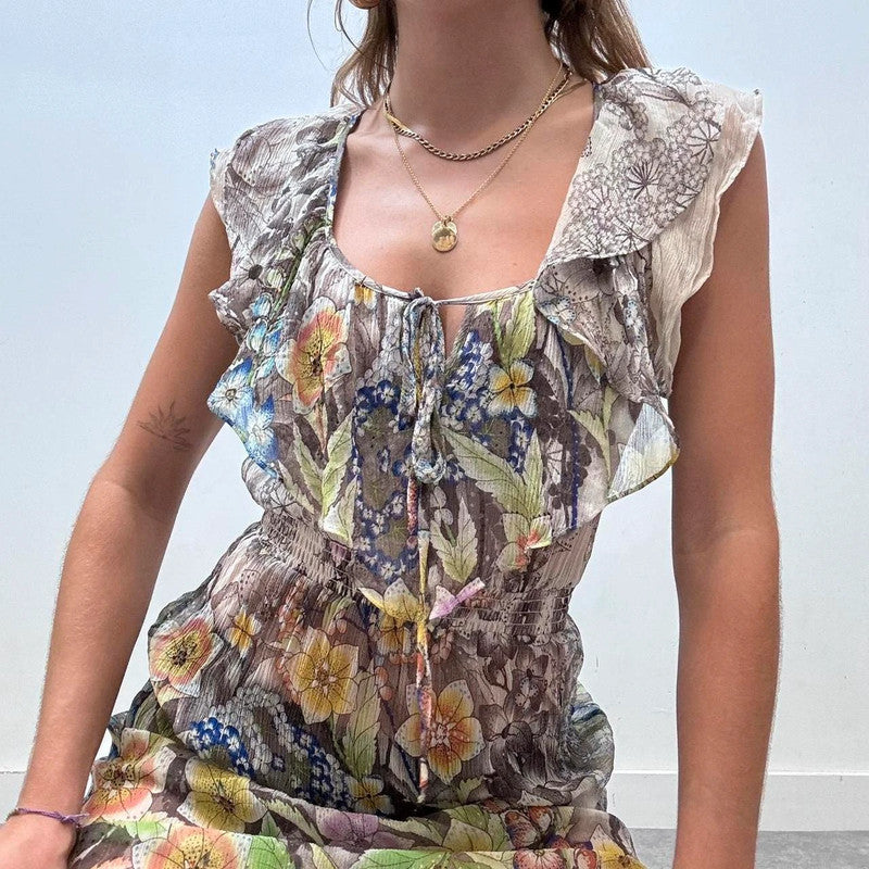 sheer floral fairy ruffle mini dress