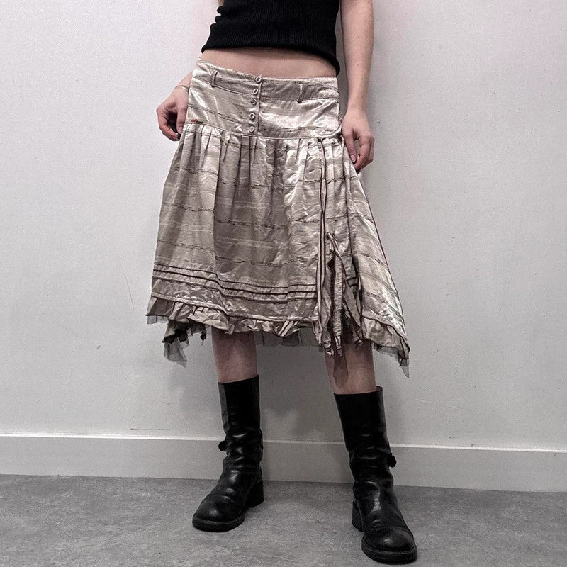 pinstripe ruffle satin midi skirt