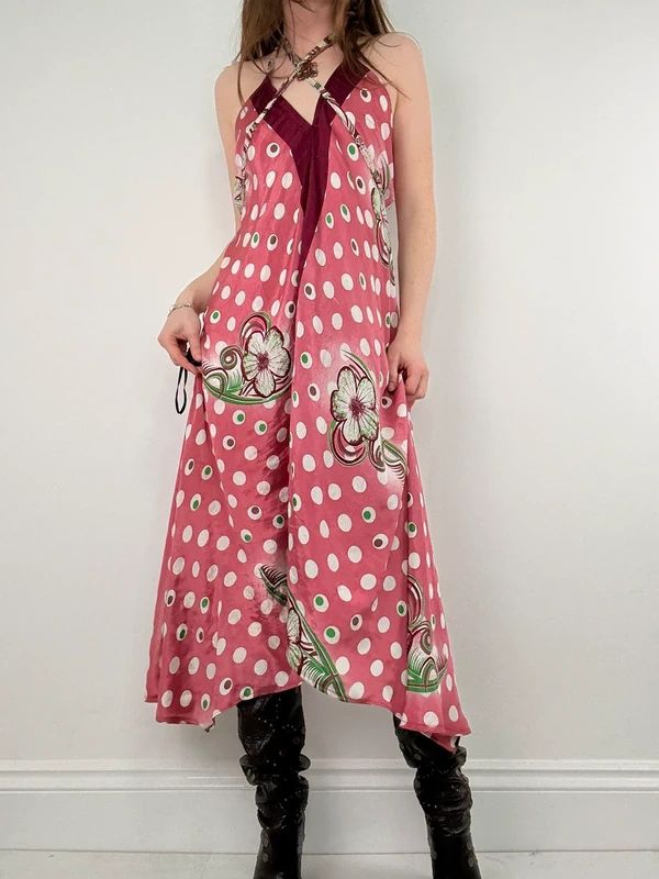 pink polkadot handkerchief maxi dress