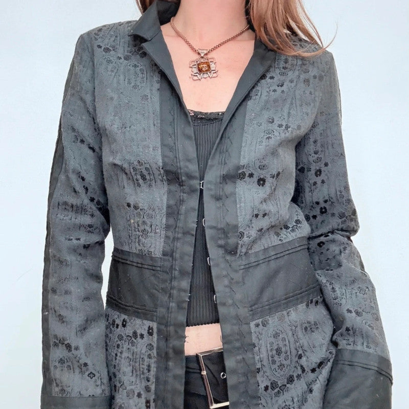 black printed distressed grunge hook and eye jacket