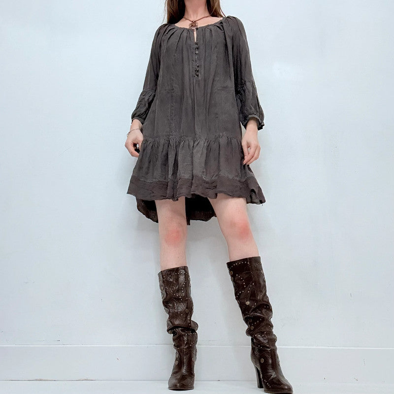 Grey silk pleated flared mini dress