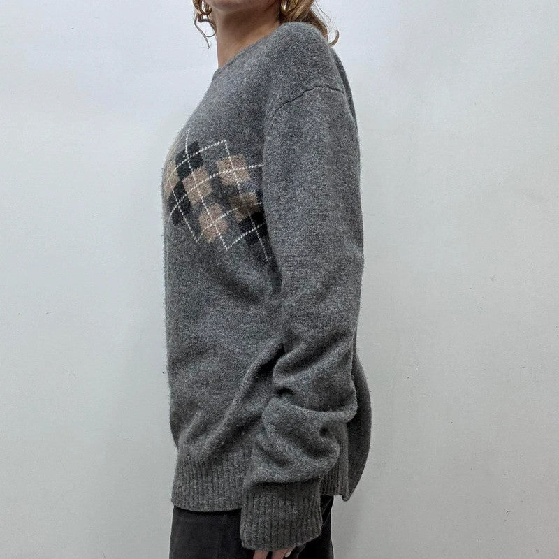 wool knitted grey argyle v-neck jumper