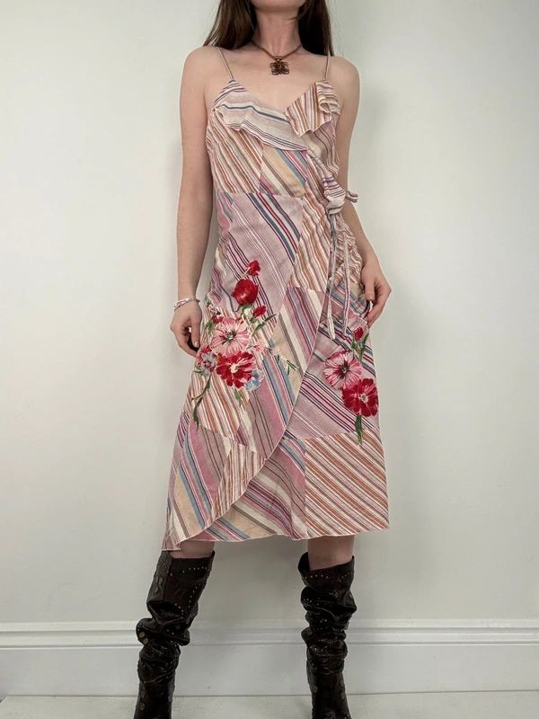 pink pinstripe flared ruffle maxi dress
