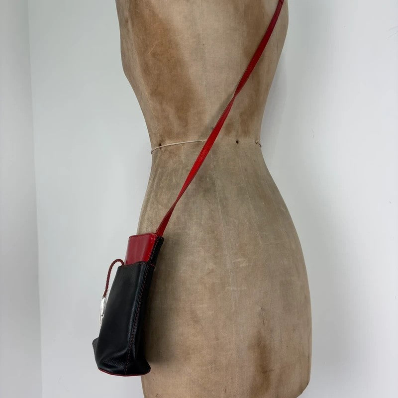 Black and red leather patient mini messenger bag