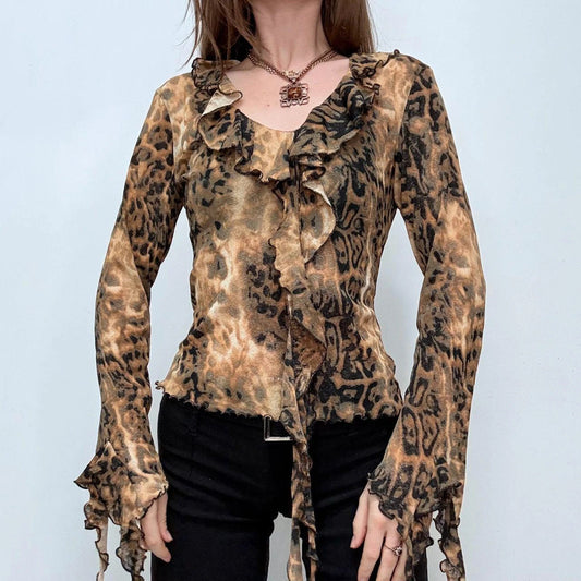 flutter ruffle flared leopard blouse