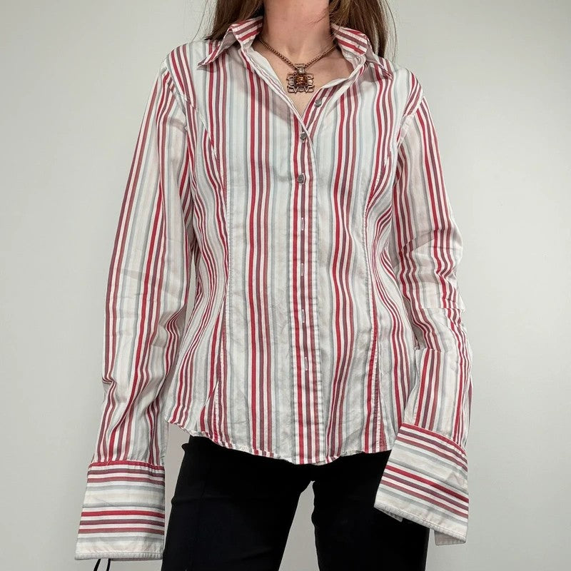 pinstripe preppy fitted flared white and red shirt
