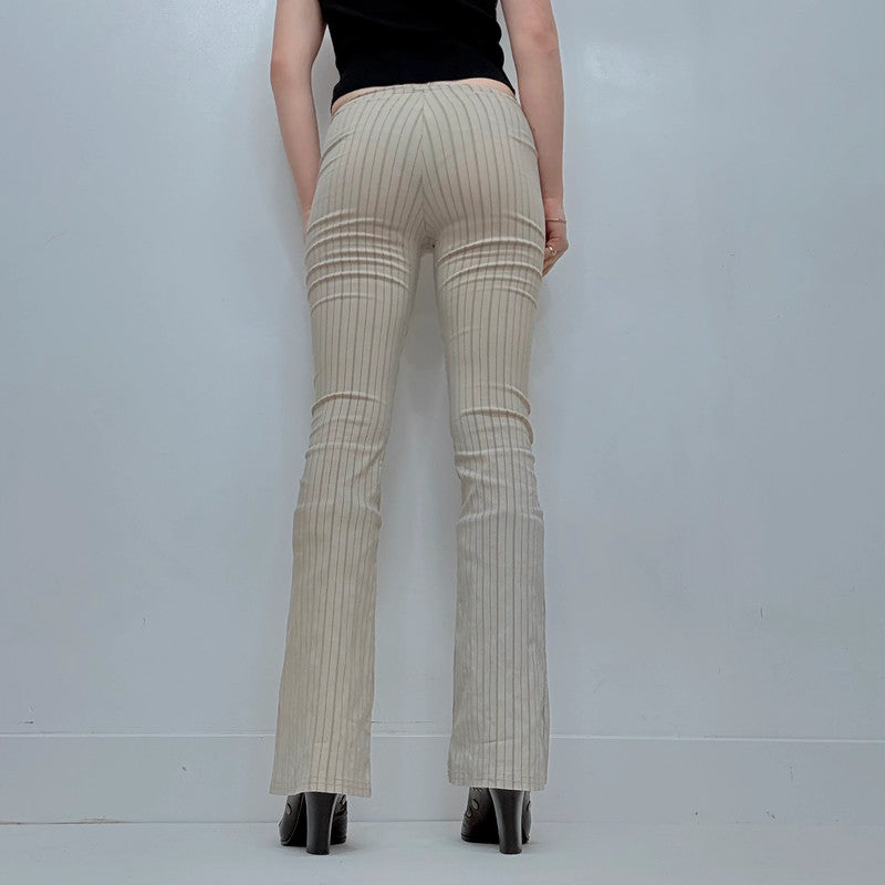 tan pinstripe buckle flared trousers