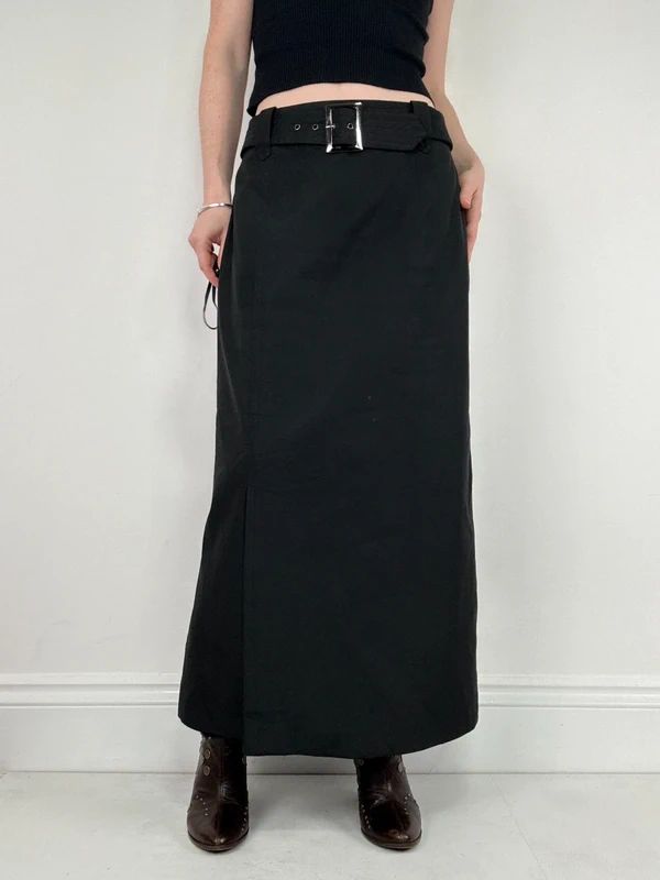 black a-line maxi belted skirt