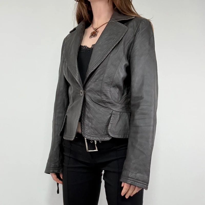 cropped dark brown leather jacket