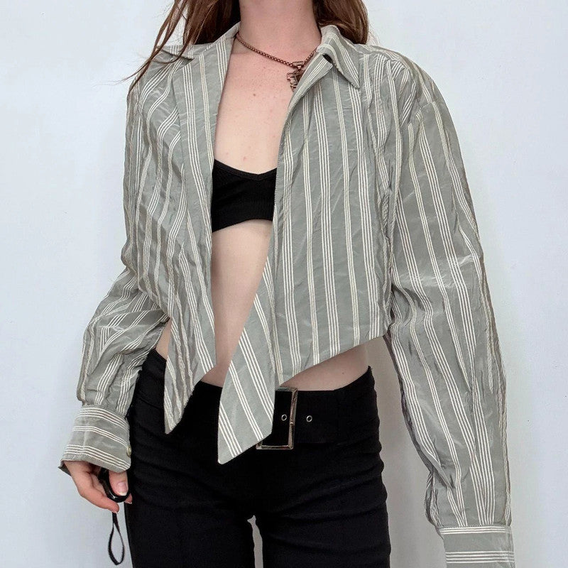 grey pinstripe structured puff shirt