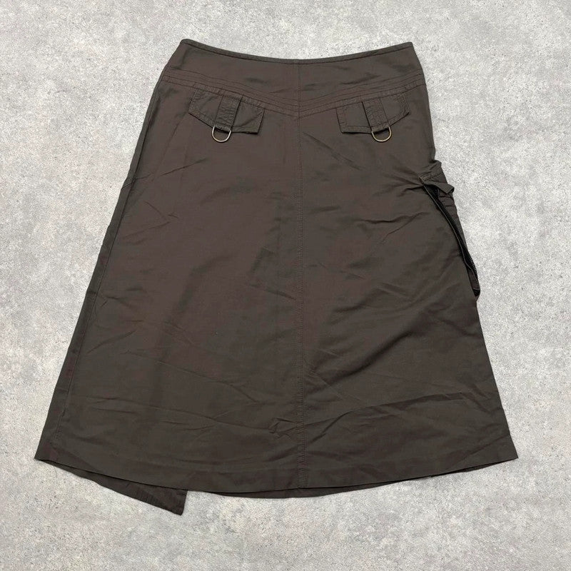 brown pinstripe flared cargo midi skirt