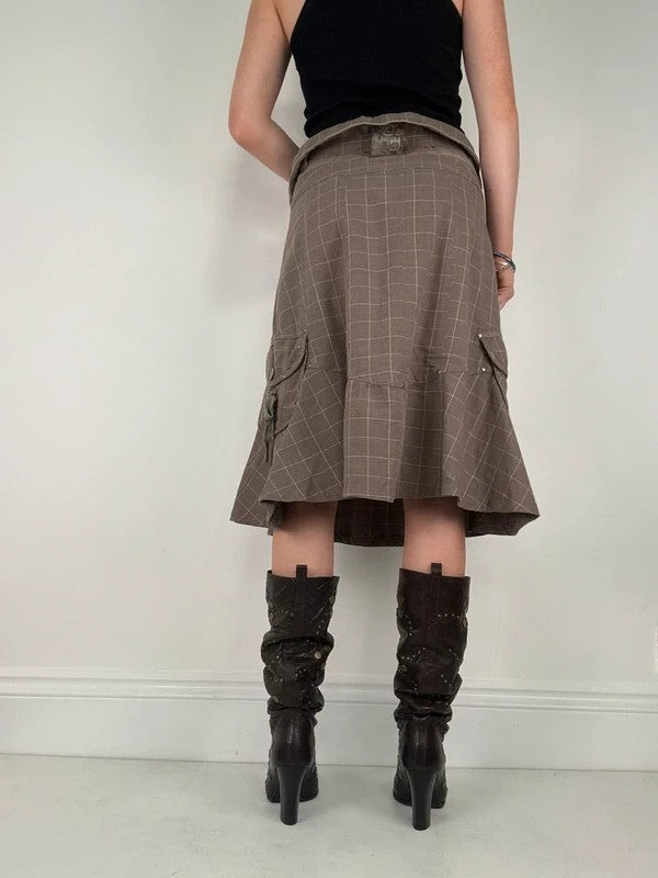 brown tartan low rise flared midi skirt