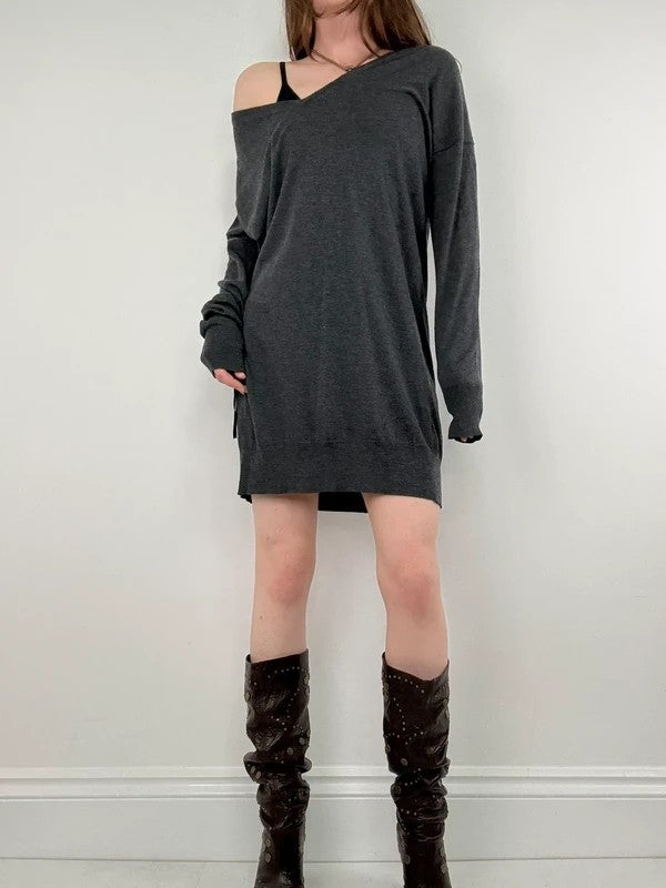 slouchy grey knitted off-the-shoulder v-neck long sleeve dress