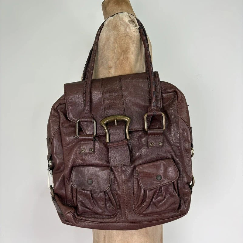 Brown buckle Y2K pocket slouchy tote bag