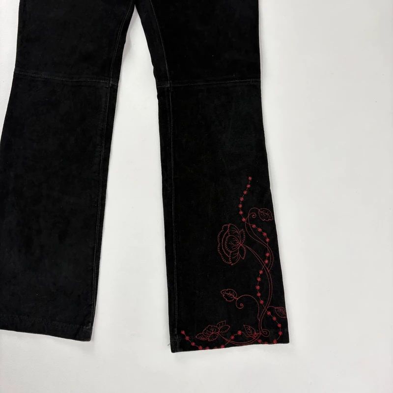 black suede embroidery flared trousers
