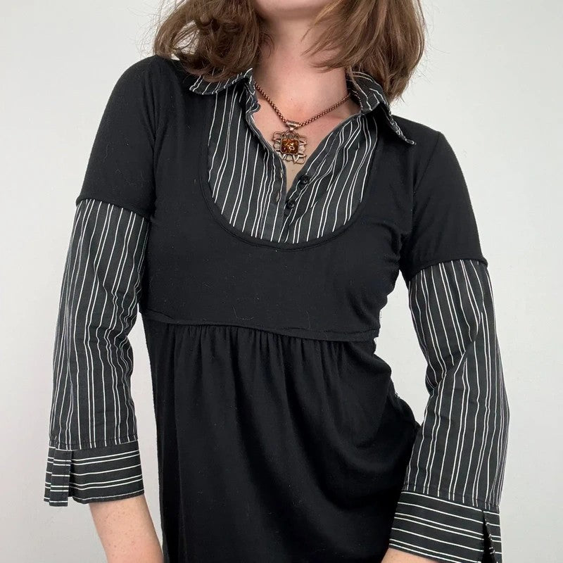 black pinstripe layered flared shirt