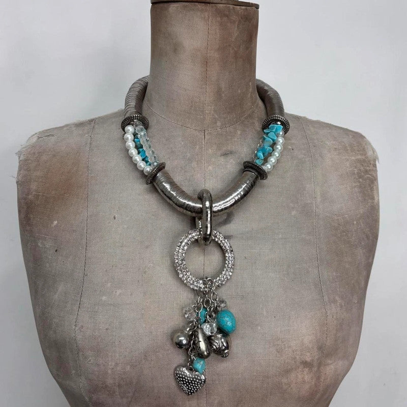 chunky oversized silver turquoise boho necklace